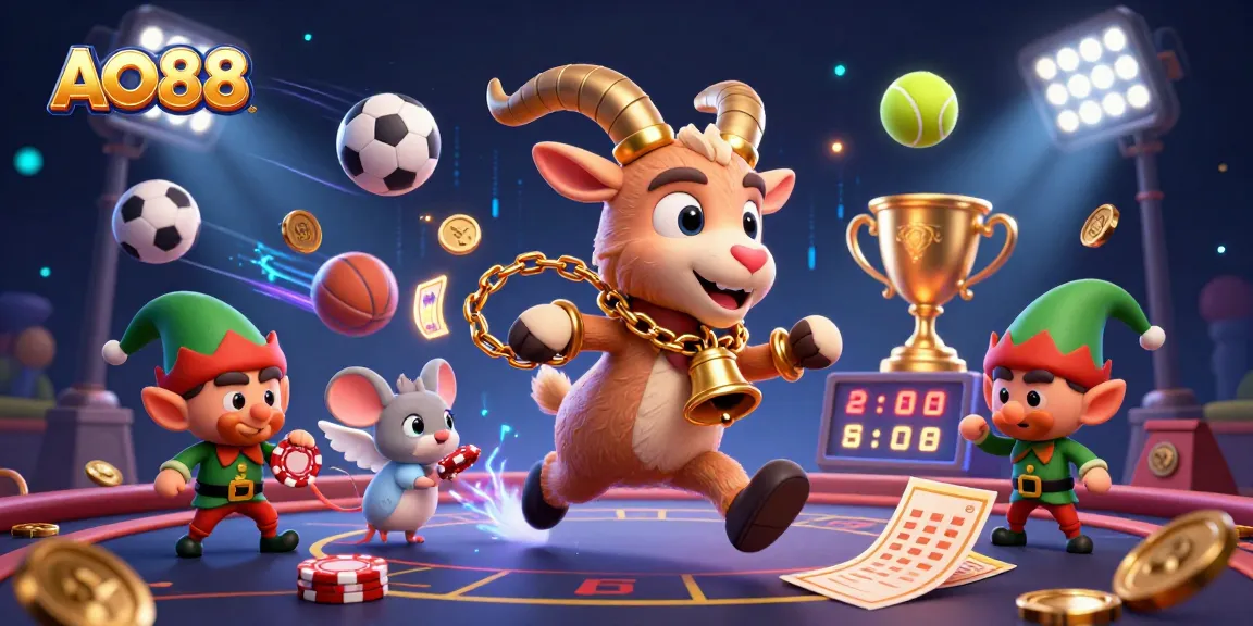 Win big at AO88 with this thrilling casino scene featuring festive characters and dynamic game elements.