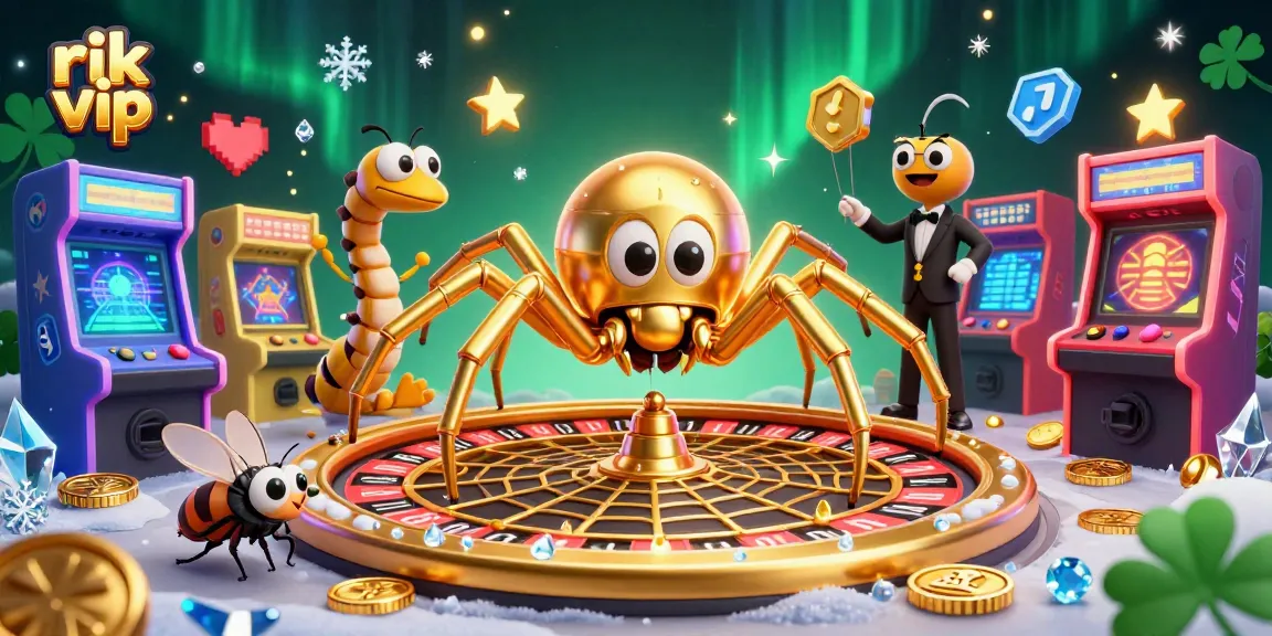 Experience thrilling bets at rik vip with a golden spider spinning a roulette wheel web in this vibrant casino scene.