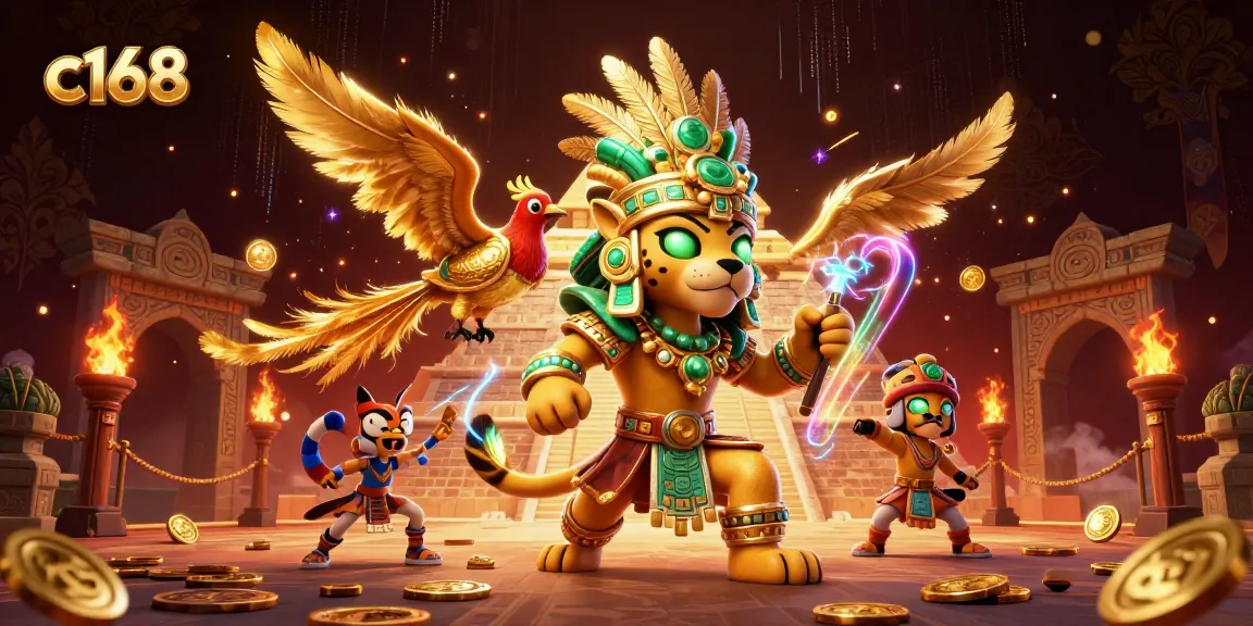 Win big at C168 with a vibrant illustration showcasing a Mayan jaguar priest amidst captivating casino elements.