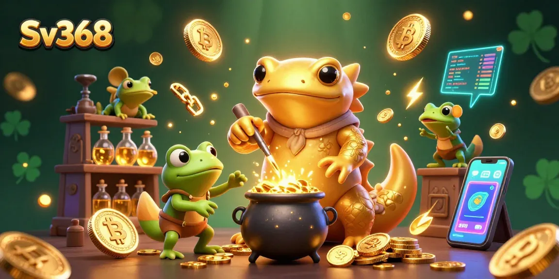 Experience big wins with Sv368 in a vibrant casino-themed illustration featuring alchemists and gold.
