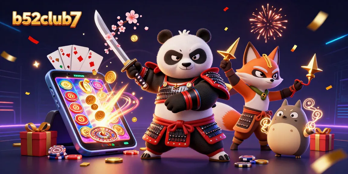 Engage with b52club7's thrilling slots and gaming experiences through an exciting samurai-themed illustration.