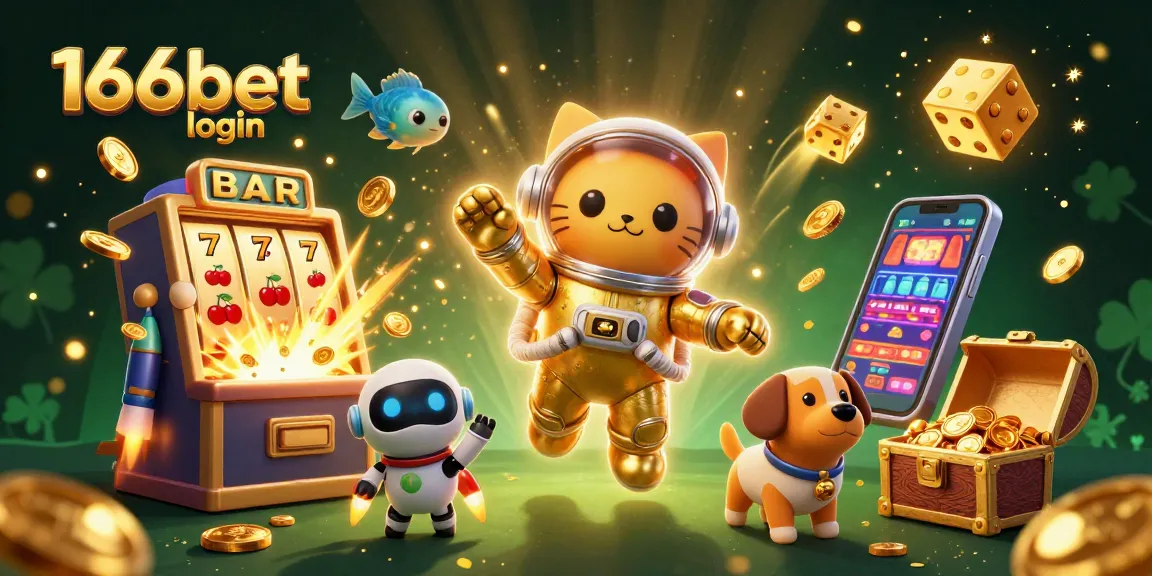 Engage with the thrilling 166bet login experience as a cartoon astronaut cat and robot dog explore a vibrant casino universe.