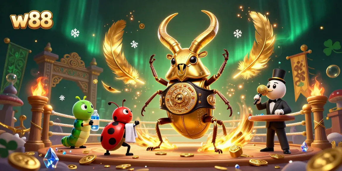 Experience the thrill of w88 with a unique 3D illustration of a golden stag beetle competing in a vibrant casino arena.