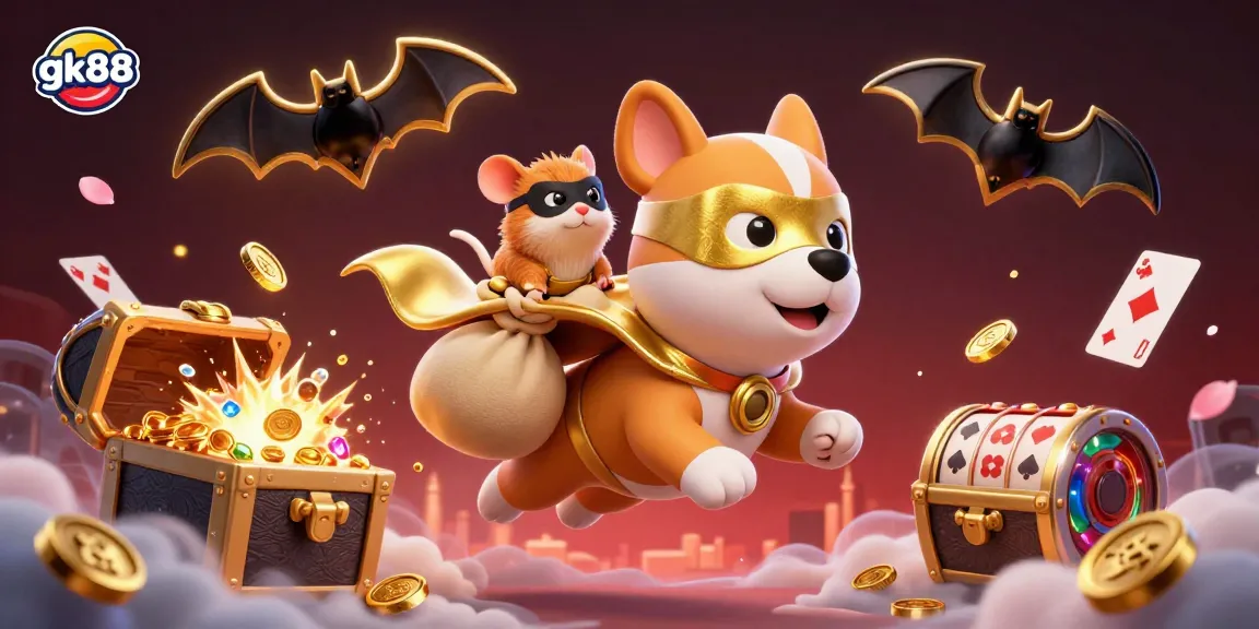 gk88 casino scene featuring a superhero dog with gold coins and poker symbols for dynamic action.