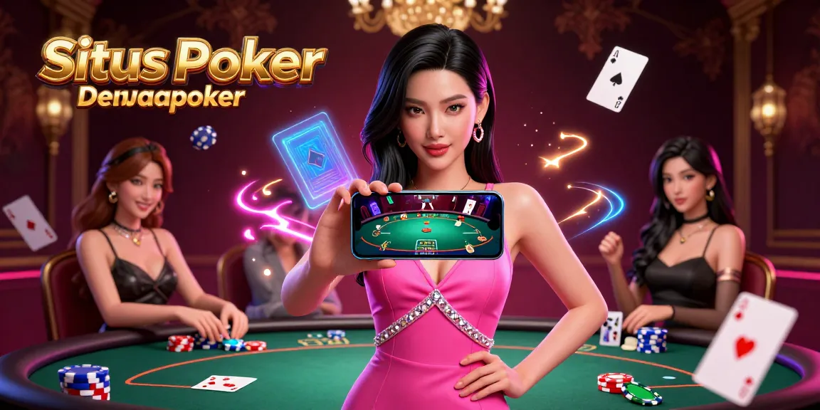 Situs Poker Uang Asli Dewapoker showcases a confident Asian woman engaging in a live poker game on her smartphone amidst dynamic casino elements.