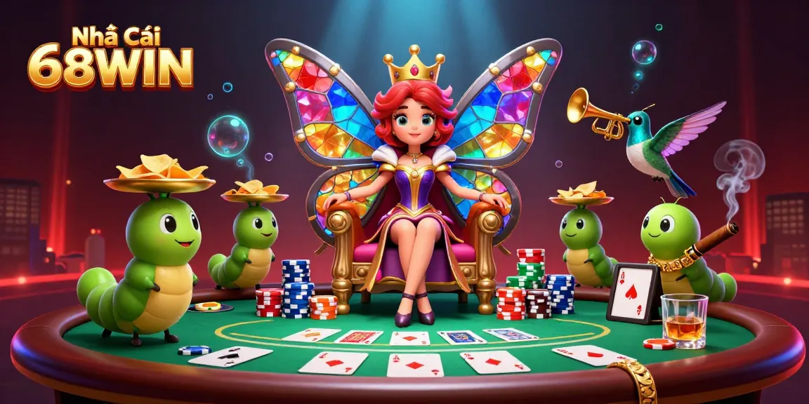 Engage with Nhà Cái 68WIN through a vibrant 3D casino scene featuring a butterfly queen and poker elements.