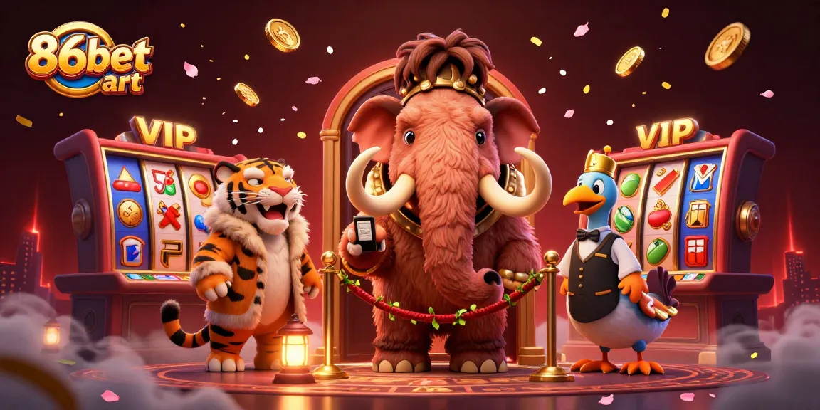 Engage with 86bet art's vibrant casino scene featuring dynamic slot reels and playful characters.