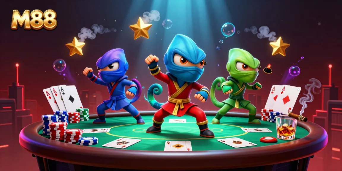 Engage in thrilling poker action with M88 featuring colorful chameleon ninjas amidst dynamic game elements.