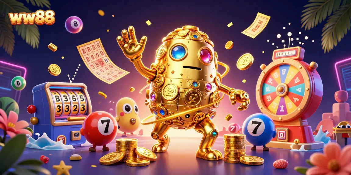 Experience the excitement of ww88 with a vibrant 3D scene of a golden golem and game elements in action.