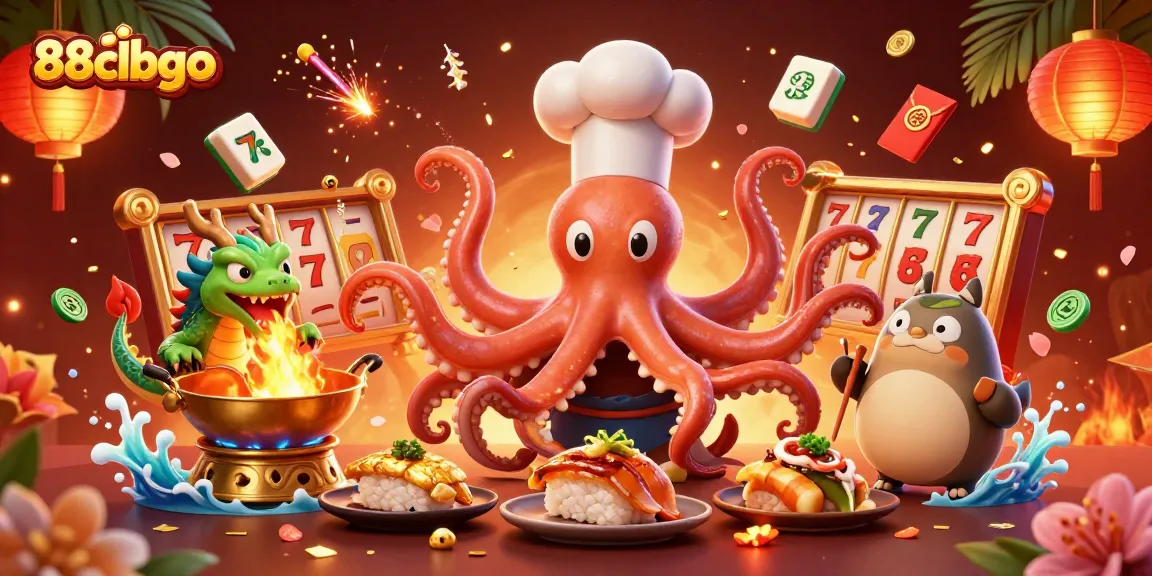 Experience thrilling gameplay at 88clbgo with vibrant casino elements and a lively octopus chef.