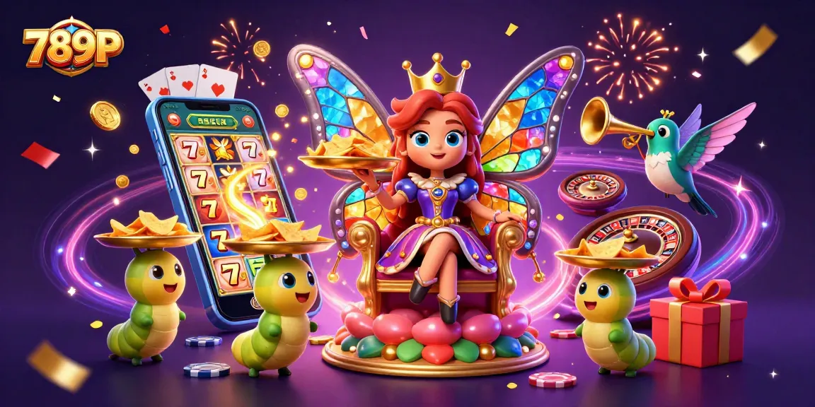 Engage with a vibrant 789P scene of casino excitement featuring a butterfly queen, slot games, and golden chips.