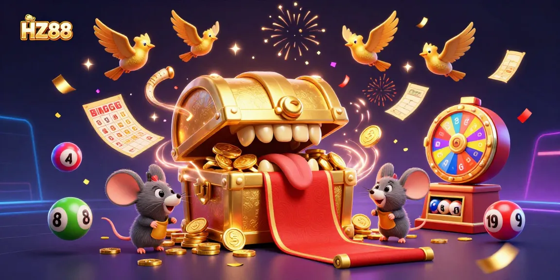 Experience HZ88 action with vibrant lottery elements and a golden treasure chest for thrilling gameplay.