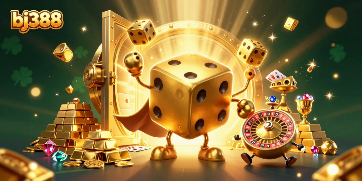 Experience thrilling gameplay with bj388's dynamic 3D casino illustration featuring golden dice and treasure.