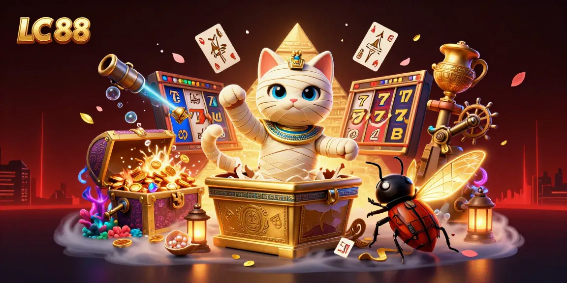 LC 88 showcases a vibrant 3D scene of a mummy cat and scarab in a casino setting, perfect for slot enthusiasts.