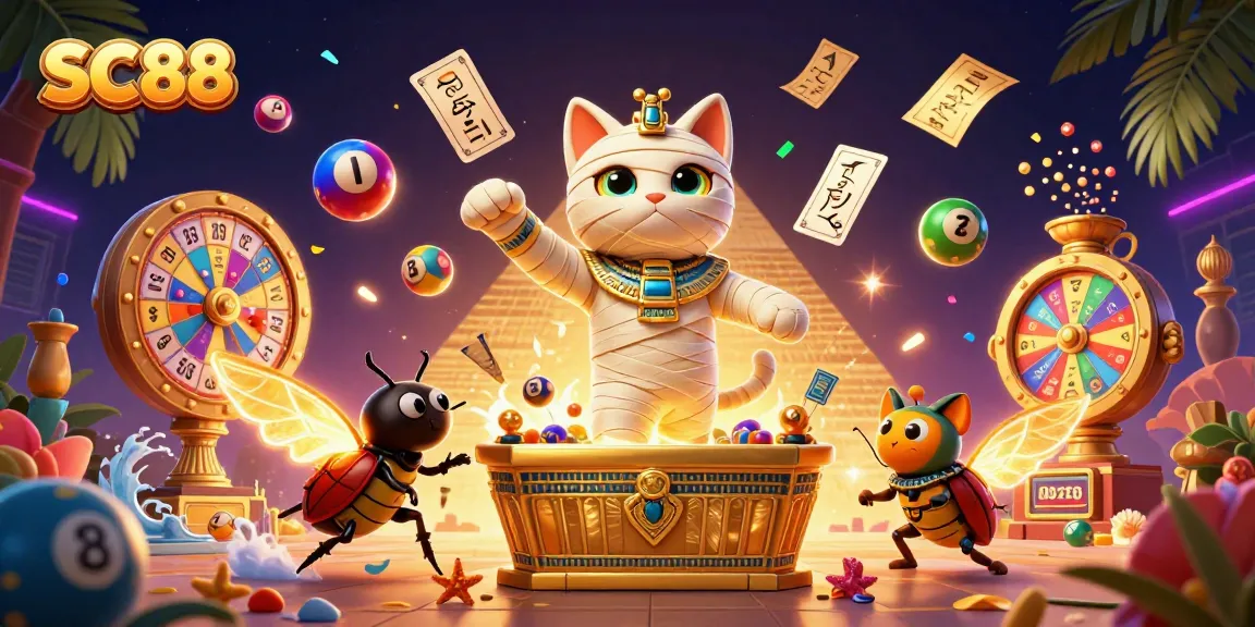 SC88 engages players with a vibrant scene of a cartoon mummy cat, lottery elements, and casino excitement.