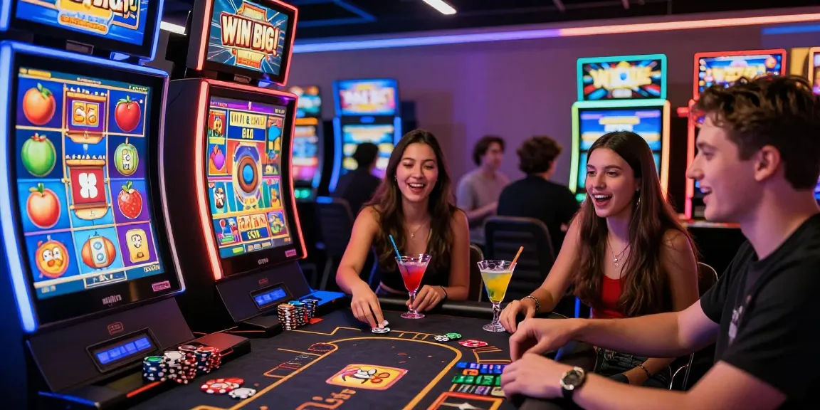 Exciting players engaging with colorful slot machines in a modern online casino environment.