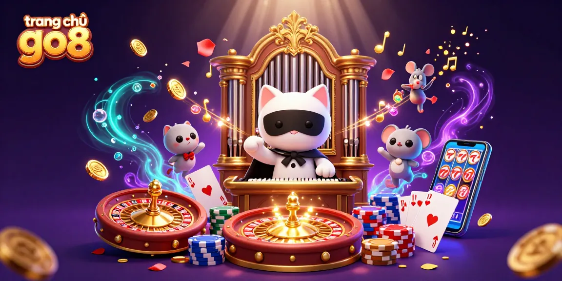 Play exciting games on trang chủ go8 with golden coins, vibrant gaming elements, and colorful characters