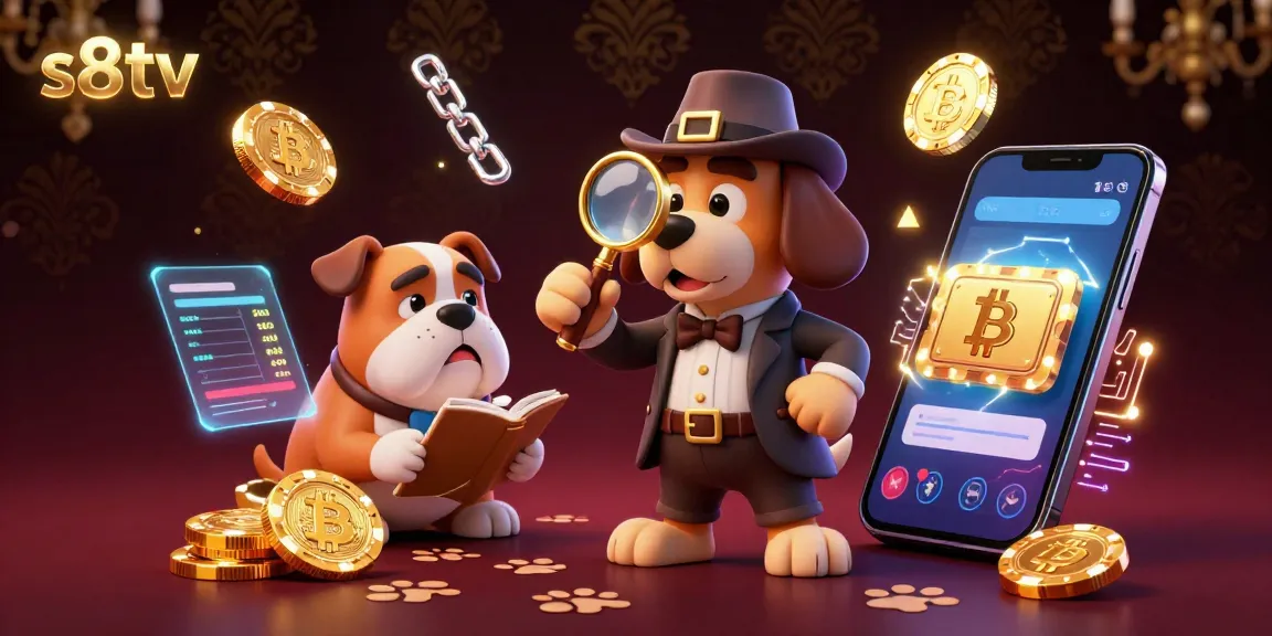 Engage with s8tv's poker adventure, featuring a detective dog uncovering treasure clues amidst vibrant crypto elements.