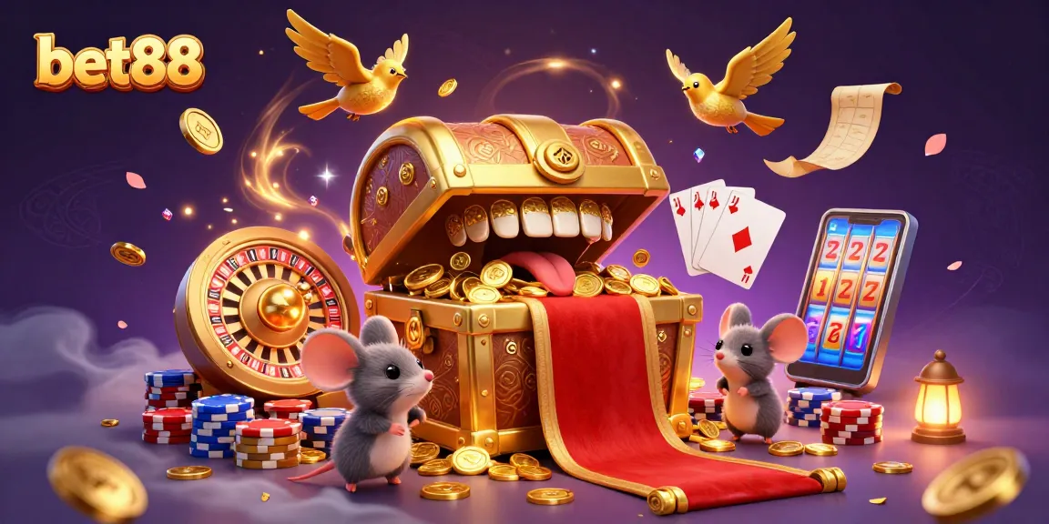 Experience the excitement of bet88 with a 3D treasure chest enticing adventure mice in a dynamic casino scene.