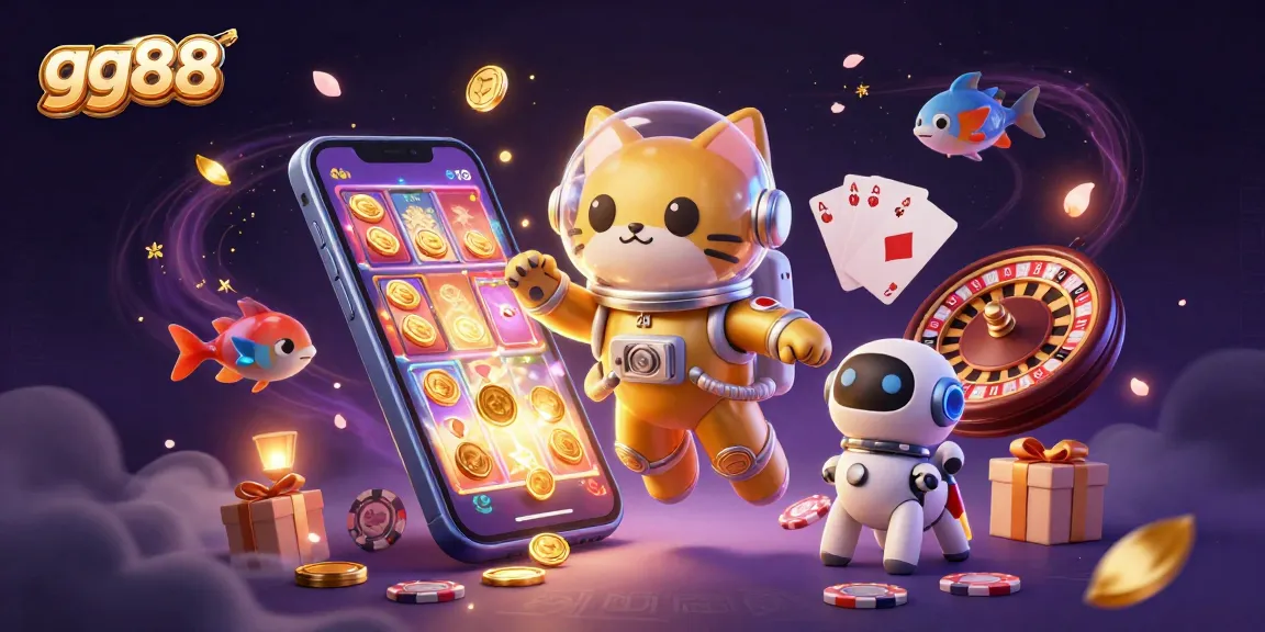 Play exciting slot games at gg88 with a fun 3D cartoon astronaut cat and robot dog amidst cosmic treasures.