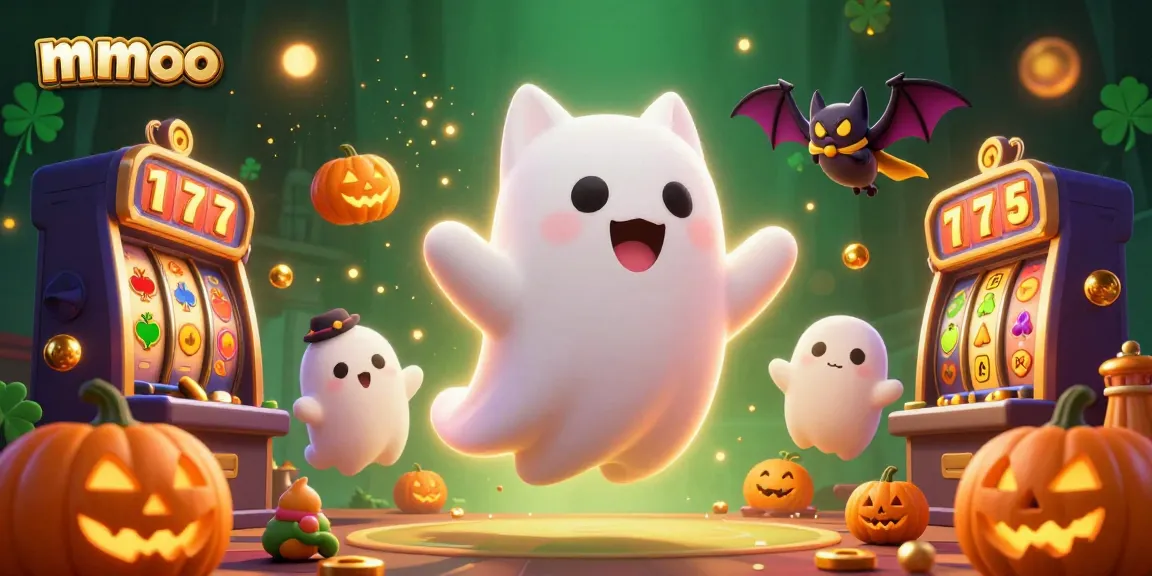 Engage with mmoo's thrilling jackpot slot experience as a friendly ghost cat and bat navigate a haunted casino.