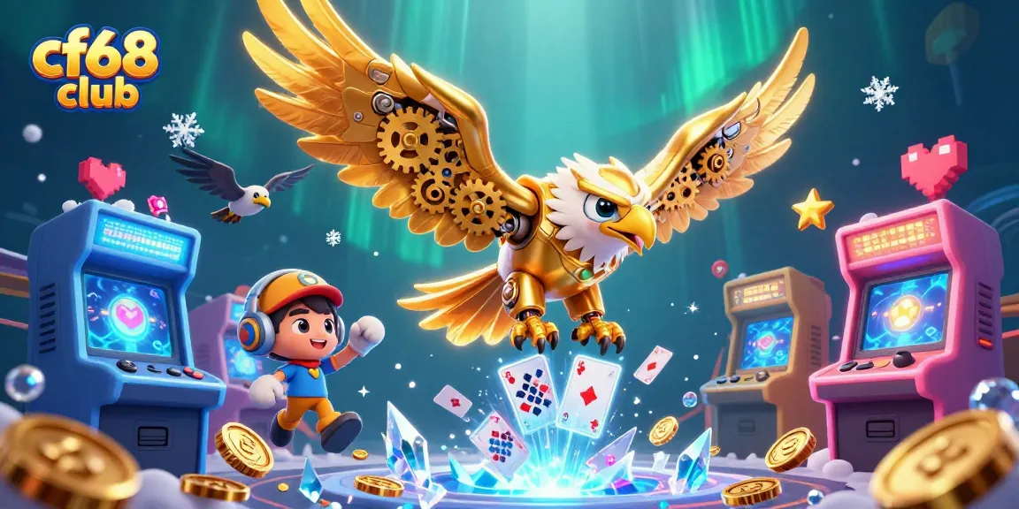 Engage with the thrilling world of cf68 club, showcasing a cybernetic eagle amidst vibrant casino elements.
