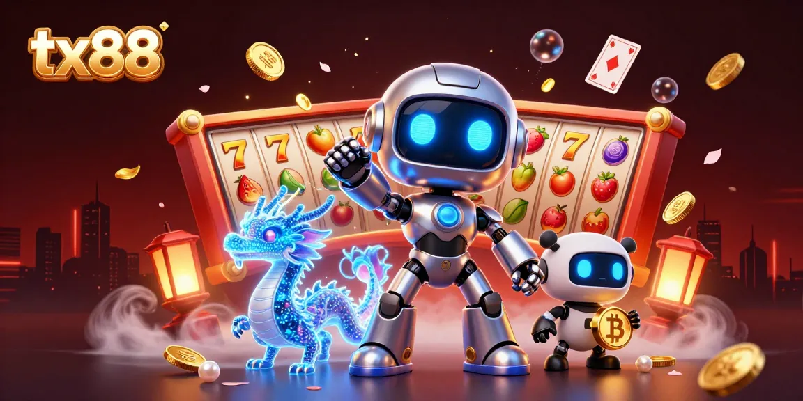 Engage with tx88 through a vibrant casino-themed illustration featuring entertaining characters and dynamic gambling elements.