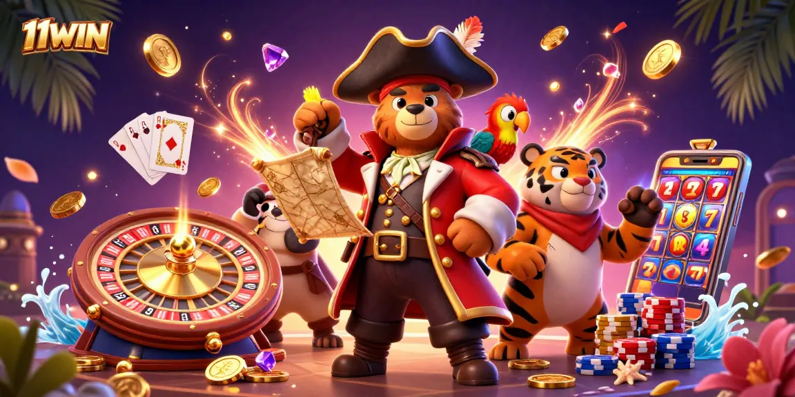 Experience the thrill of winning with 11WIN in this vibrant casino adventure illustration.