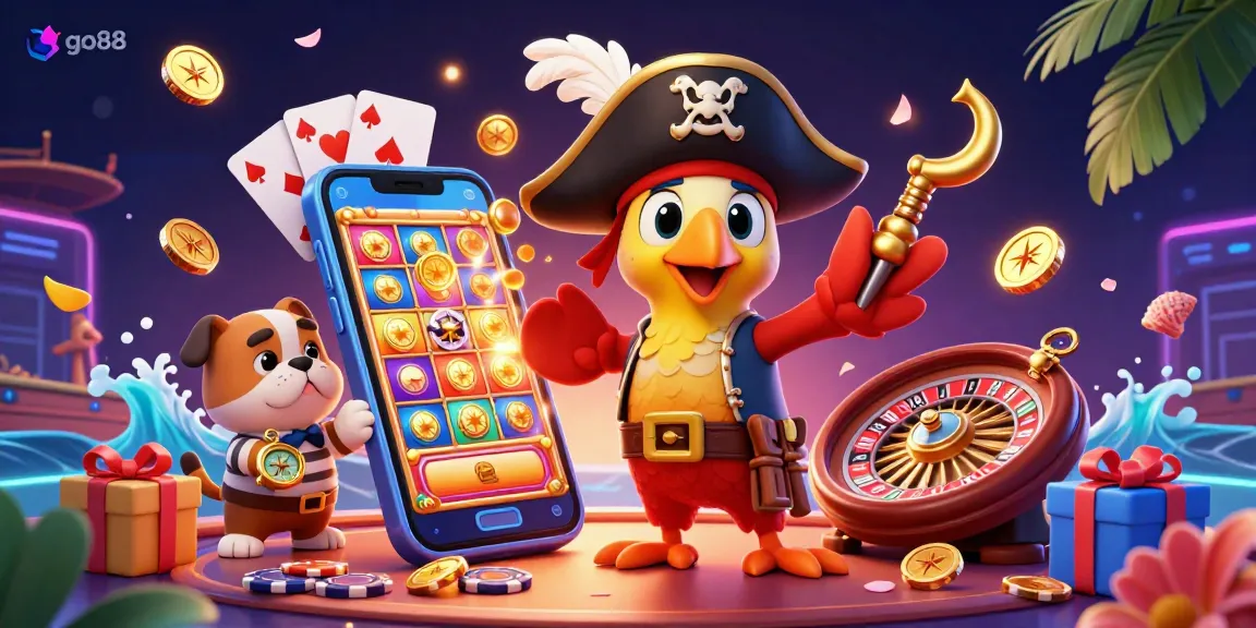 Experience go88's exciting casino atmosphere with vibrant characters and engaging game elements.