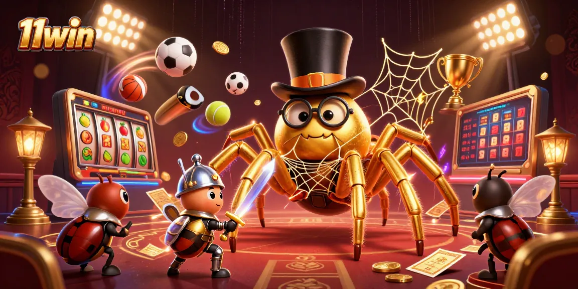 Engage in thrilling games at 11win with a vibrant scene of a giant golden tarantula and beetle knight.
