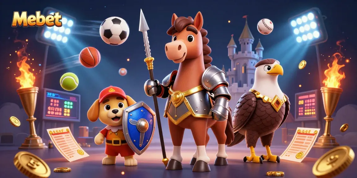 Mebet elevates your game with an exciting 3D illustration of a knight, squire, and falcon amidst dynamic sports betting elements.