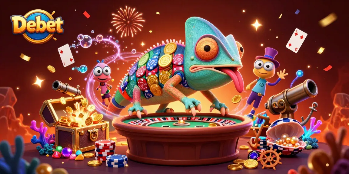Experience thrilling games at Debet, featuring rich casino elements with a vibrant chameleon guide.