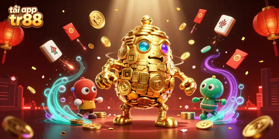 Experience the excitement of tải app tr88 with vibrant 3D illustrations of games, coins, and festive elements.