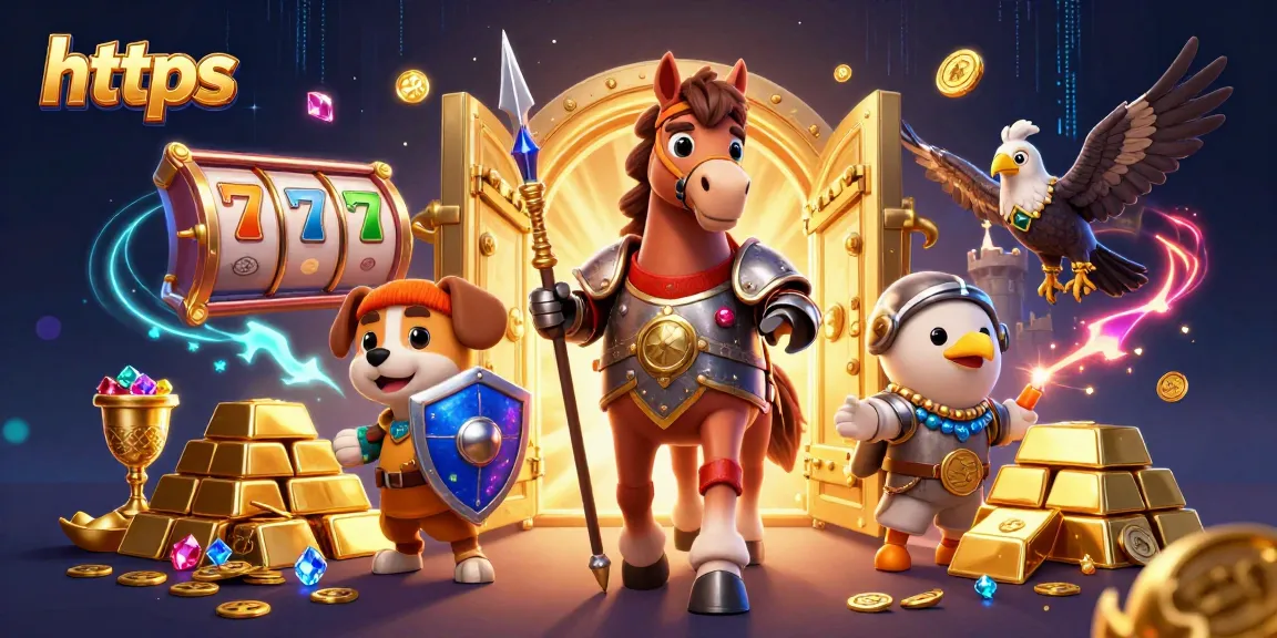Play thrilling games at https with a medieval knight, puppy, and falcon among treasure and slots.
