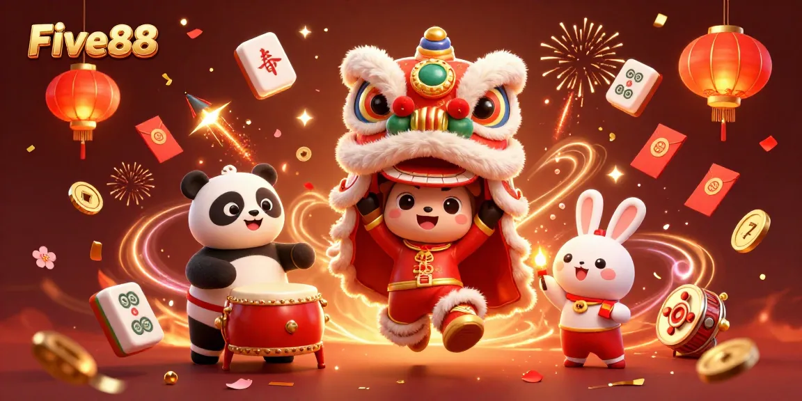 Engage with Five88's vibrant online casino experience featuring festive characters among lucky symbols.