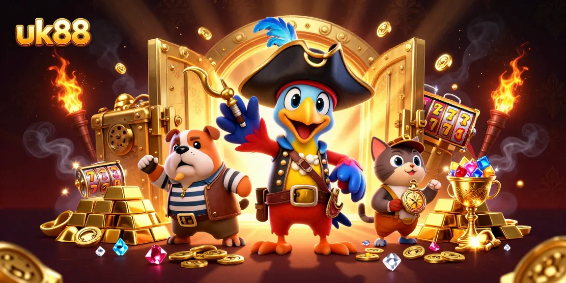 Spin the reels with uk88's vibrant illustration of a pirate scene featuring dynamic casino elements.