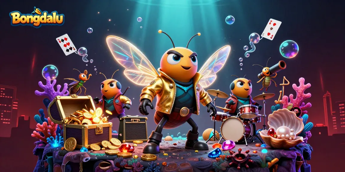 Bongdalu showcases an energetic scene with a rock star cicada, beetle drummer, and vibrant treasures in a dynamic casino setting.