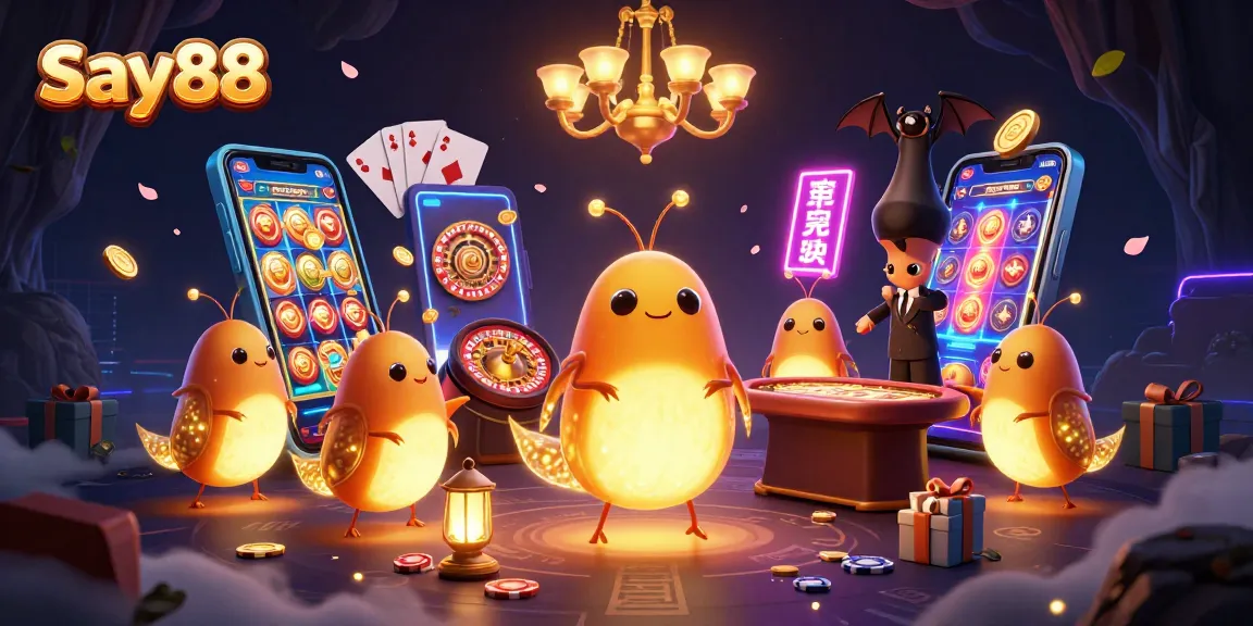 Experience thrilling gameplay with say88 in this dynamic 3D casino scene featuring glowworms and vibrant game elements.