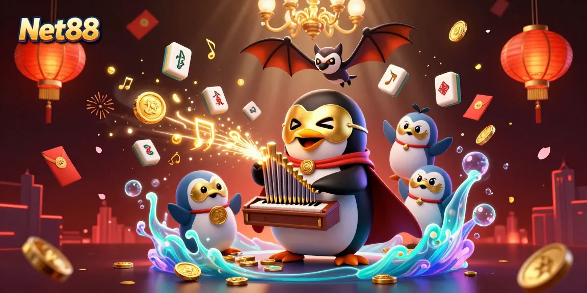 Engage with Net88's thrilling gameplay as a cartoon penguin plays tunes amidst colorful casino elements.
