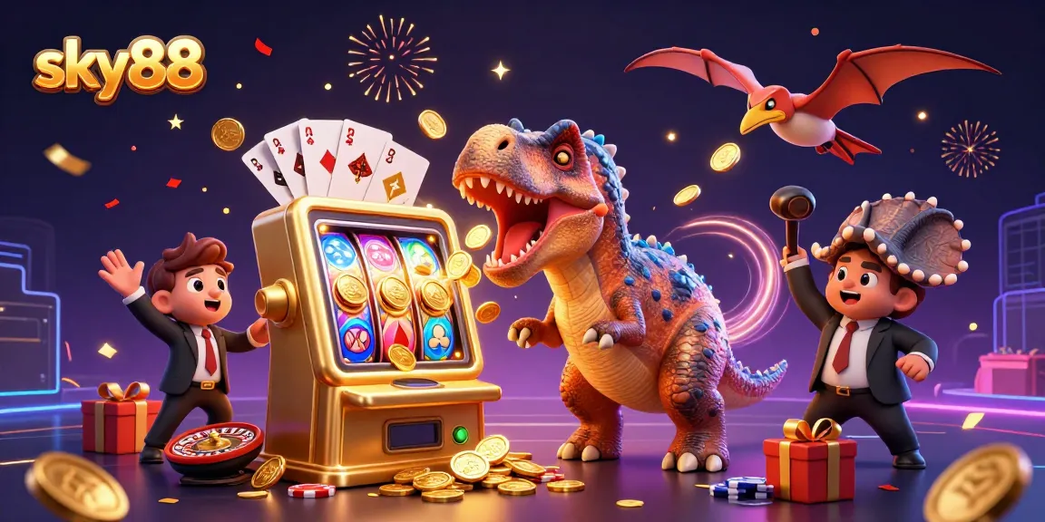 Sky88 dinosaurs celebrating a jackpot win, showcasing vibrant casino elements and golden coins.