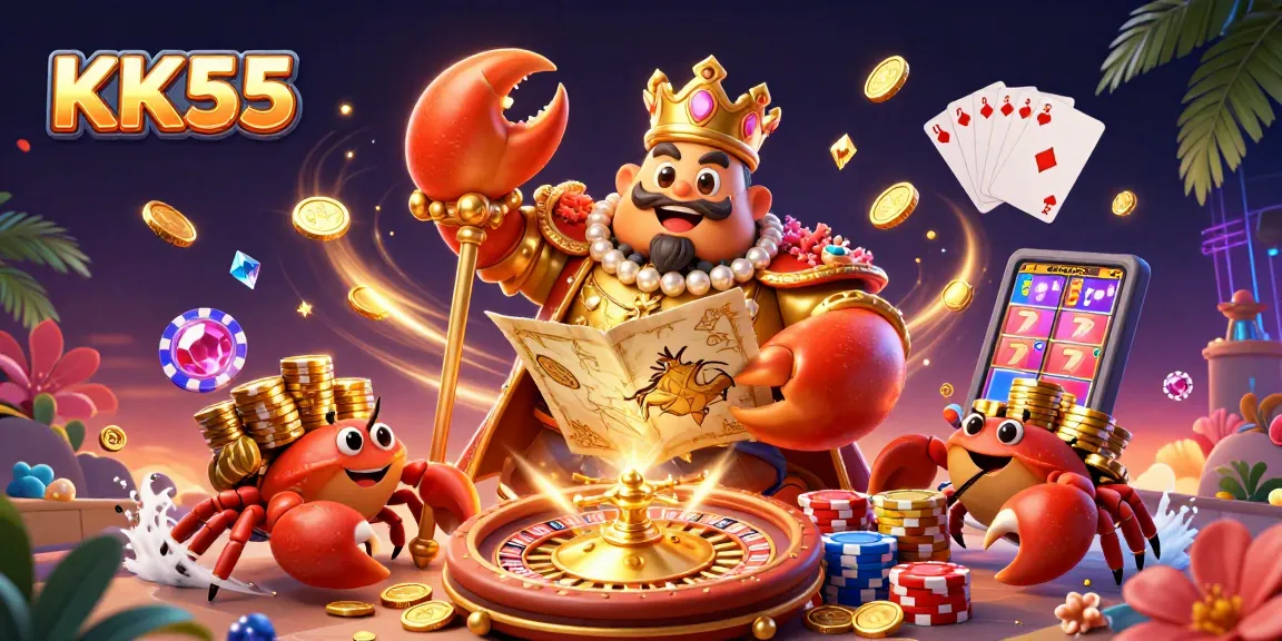 Experience thrilling gameplay at KK55 with vibrant characters, golden treasures, and colorful casino elements.