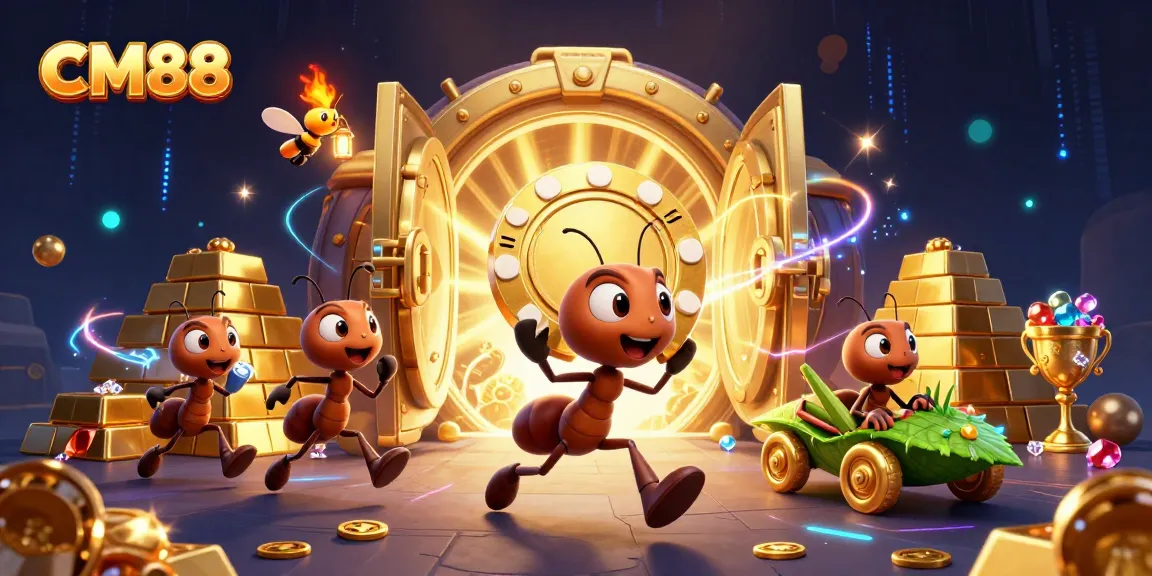 Experience the excitement of CM88 with a heist scene featuring cartoon ants, gold treasures, and vibrant casino elements.