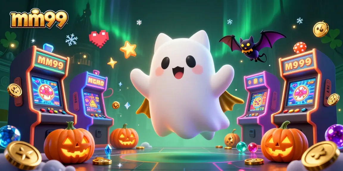 Engage with MM99's vibrant gaming experience featuring a ghost cat amidst colorful arcade machines.