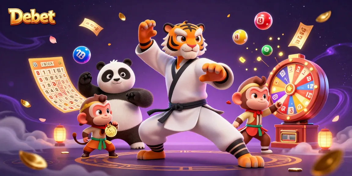 Experience the thrill of Debet with colorful lottery elements and dynamic characters in a vibrant casino scene.