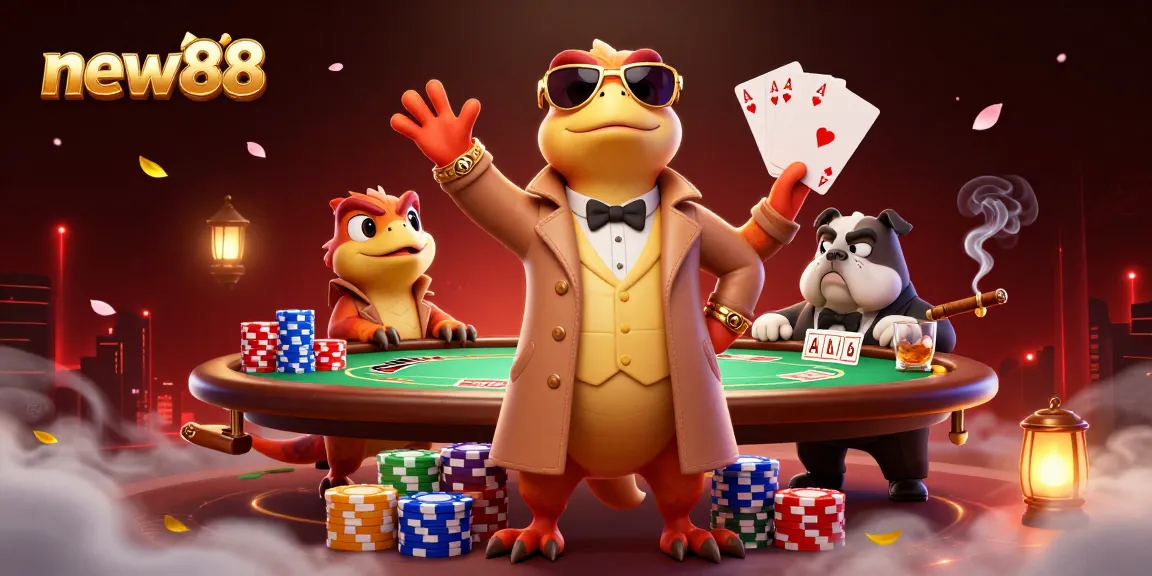 Experience new88's thrilling atmosphere with cartoon raptors entering a VIP lounge, showcasing casino excitement.