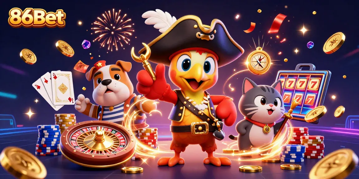 Experience the excitement of 86Bet with a lively pirate scene full of casino elements.