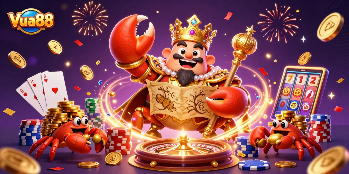 Engage with Vua88's vibrant gaming universe featuring the magnificent crab emperor surrounded by treasure and excitement.
