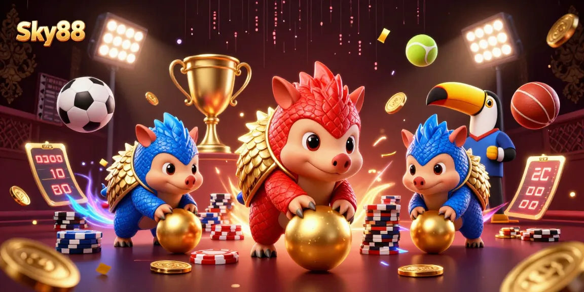 Sky88 pangolins compete in a dynamic casino-themed scene with golden coins and poker chips.