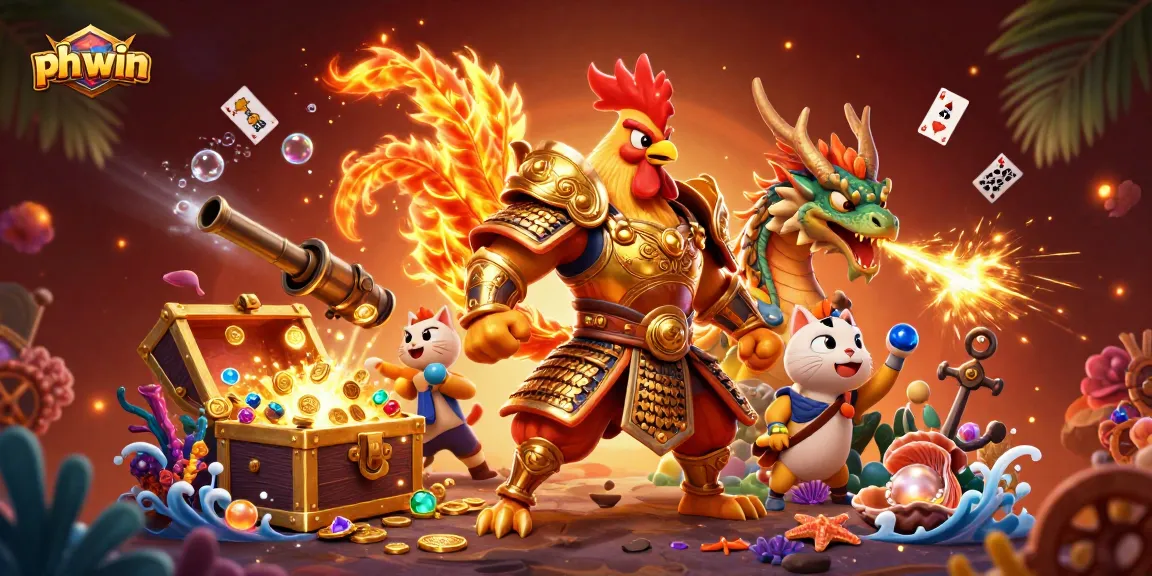 Experience the thrill of gambling with ph win's 3D fighting characters amidst a treasure-filled scene.