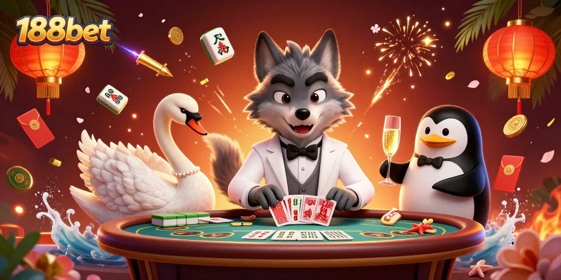 Experience the excitement of 188bet with animated casino characters celebrating around a baccarat table.